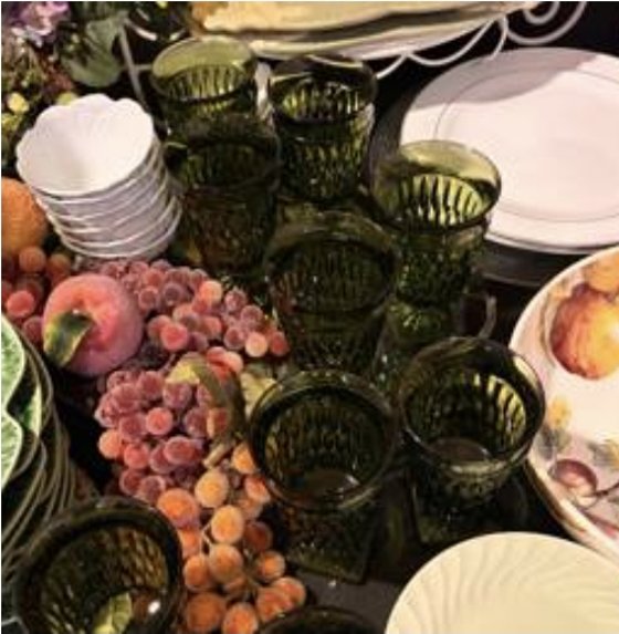 Green glassware and fall-colored dinnerware