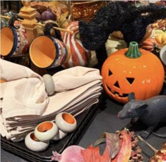 Fall table decor with pumpkins and stoneware
